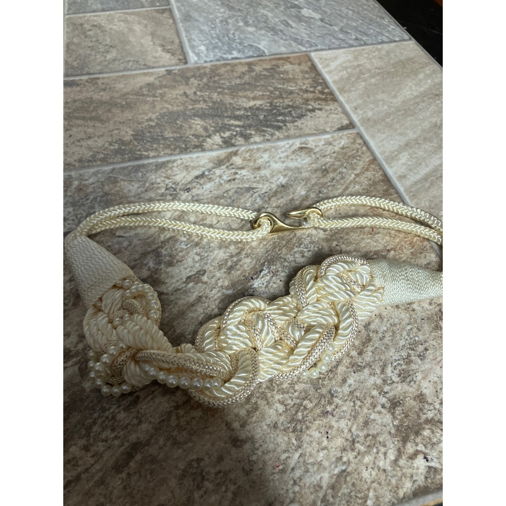 Vintage Ivory Braided Rope Belt Faux Pearl Accents Gold Metallic Hook Closure